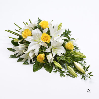 Yellow Rose and White Lily Teardrop Spray - Abi's Arrangements Ltd